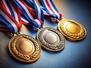 Gold, Silver, Bronze Medals with Ribbons - Award Ceremony Stock Photo