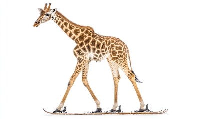 Obraz premium A giraffe gracefully skis across a snowy, white background.