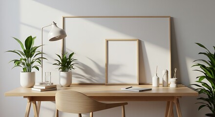 Wooden Desk with Blank Frames Plants and a Chair