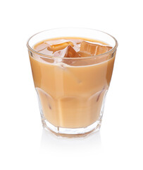 Tasty iced coffee in glass isolated on white