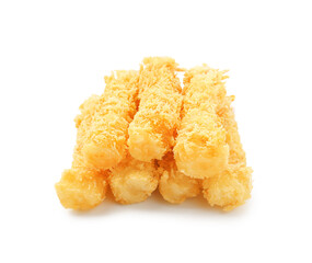 Many tasty tempura shrimps isolated on white