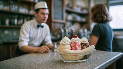 A man in uniform waiting on a customer in a soda fountain. A banana split is in the foreground. 