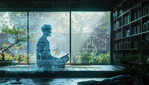 A writer in a minimalist study with an AI figure made of digital code offering visual and textual prompts. Soft, diffused lighting creates a calm atmosphere. AIG60