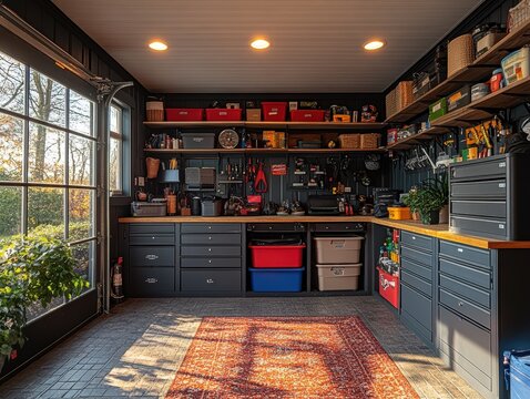 Cozy garage workspace with organized tools, vibrant plants, and natural light