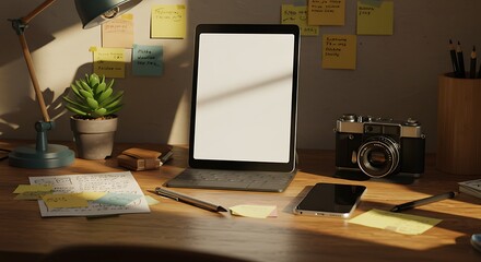 Tablet on Desk with Camera and Stationery