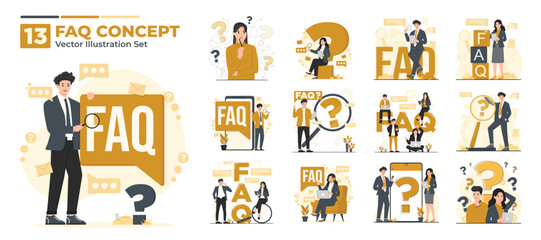 Illustration set showing people asking questions, thinking, and searching answers in FAQ Frequently Asked Questions concept for support guidance