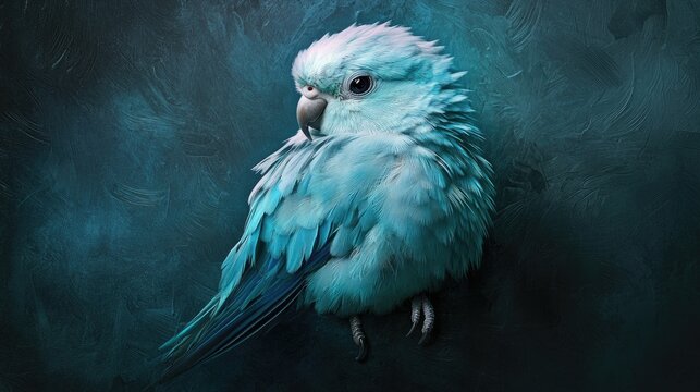 A chubby parrotlet with puffed feathers sitting calmly, bright lighting reveals intricate texture.