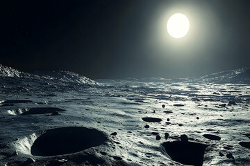 A desolate lunar landscape illuminated by a bright, celestial moon.