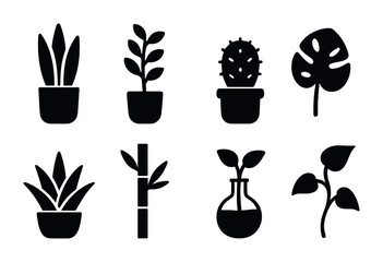 Houseplant silhouette icon set – flat style home greenery, indoor plants, and botanical symbols for nature lovers: snake plant, succulent, cactus, monstera, aloe, bamboo, terrarium, ivy.