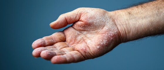 Close-up view of a human hand with numerous painful-looking red blisters and lesions, indicating an acute medical issue or emergency skin condition that requires prompt attention and treatment.