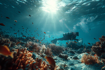 Fototapeta premium Ocean Diver Cleaning Coral Reef Underwater Plastic Cleanup