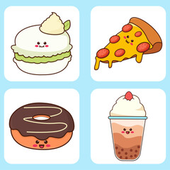 Kawaii vector illustration of matcha macaron, pizza slice, donut and boba tea. Delicious dessert mascot.