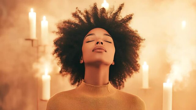 A woman in a meditative state surrounded by soft candlelight and warm ambiance.