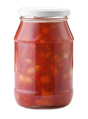 Chopped pickled vegetables in jar isolated on white