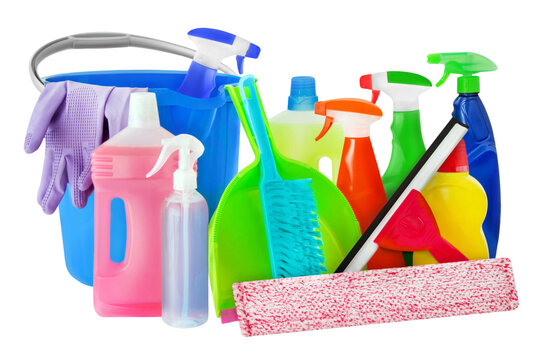 Sortiment Reinigungsmittel Hintergrund transparent PNG cut out   Various Cleaning Agents