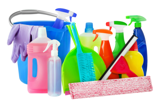 Sortiment Reinigungsmittel Hintergrund transparent PNG cut out   Various Cleaning Agents