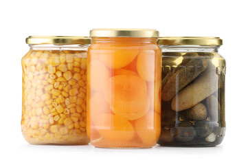 Many jars with different pickled products isolated on white