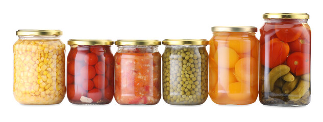 Many jars with different pickled products isolated on white