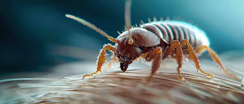 Extreme close-up view of a severe head lice infestation, showing numerous small parasitic insects and their eggs nits infesting human hair strands