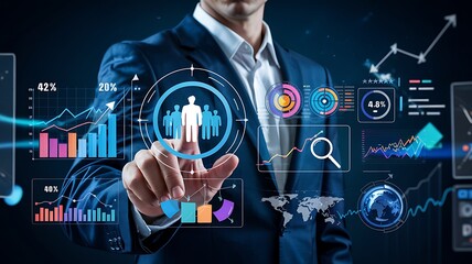 Businessman analyzing global data growth charts and key performance indicators with interactive