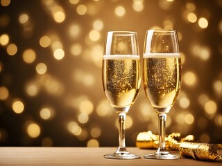 Two glasses of bubbly champagne celebrate a joyous New Year's Eve toast against a shimmering, golden bokeh background.