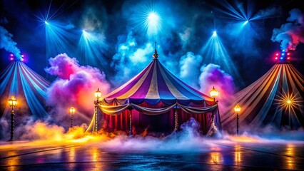 Halloween Circus Stage: Colorful Smoke, Spotlights, Macro Photography