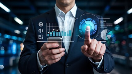 Businessman analyzing data on digital interface using smartphone charts graphs and modern tech