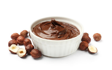 Chocolate hazelnut spread in bowl and nuts isolated on white