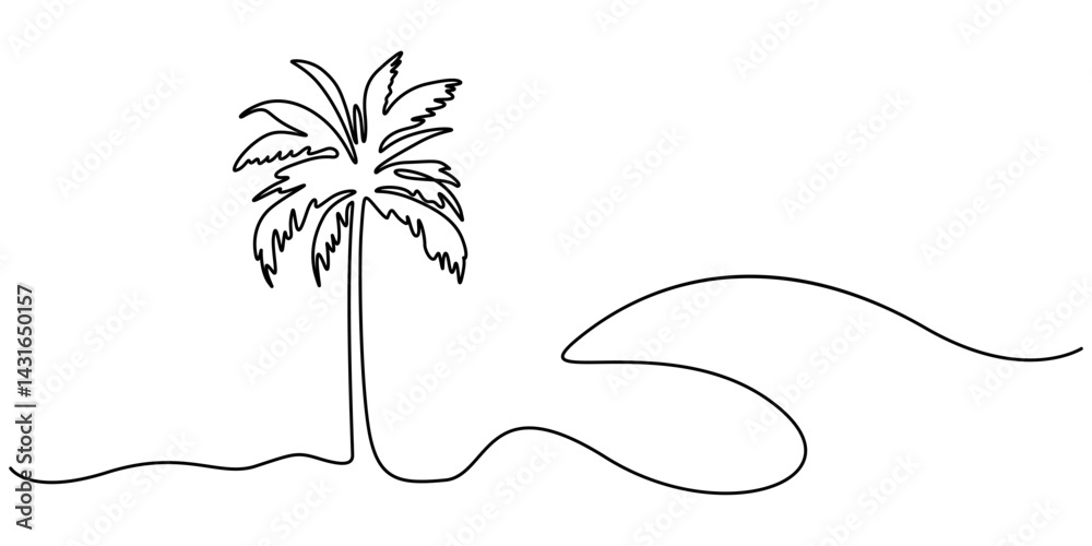 Poster Palm tree continuous one line art drawing of isolated outline vector illustration, Single line drawing palm tree in one continuous line. Tropical vegetation. Coconut palm. Modern minimal illustration.