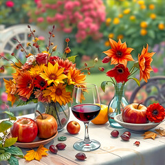 Table with a glass of wine, fruits and flowers, in a bright autumn garden.