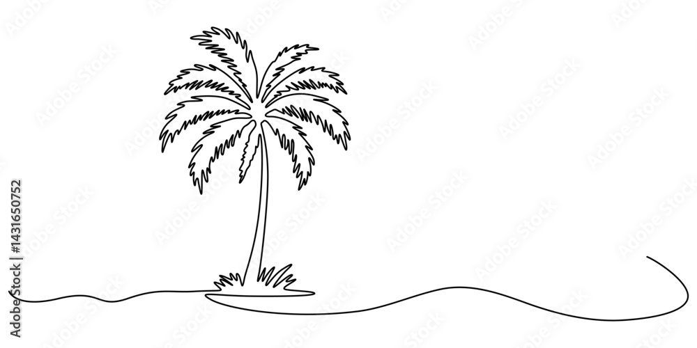 Poster Palm tree continuous one line art drawing of isolated outline vector illustration, Single line drawing palm tree in one continuous line. Tropical vegetation. Coconut palm. Modern minimal illustration.