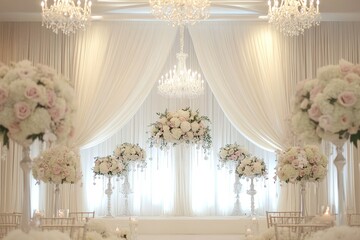 A classic wedding background with soft white drapes, tall floral arrangements, and elegant crystal chandeliers for a timeless vibe