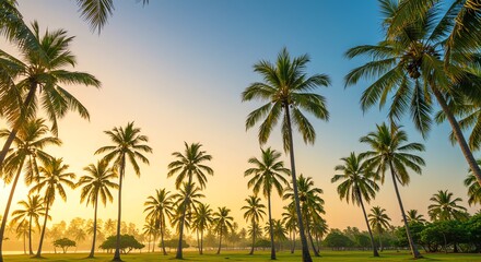 Serene Sunrise Palm Trees at Dawn, Tropical Paradise