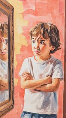 Fototapeta premium Sad child crossing arms and looking in the mirror