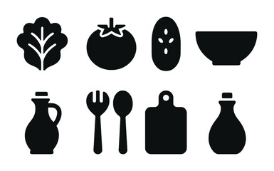 Culinary and cooking solid icons set – silhouette style kitchen, food preparation, and ingredient symbols for recipe guides: lettuce, tomato, cucumber, bowl, oil, utensils, board, vinegar.