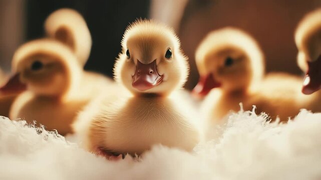 Adorable baby ducks sitting together in soft, fluffy bedding, showcasing their cuteness.