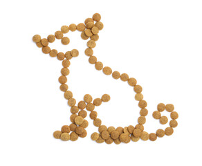 Cat made of dry pet food isolated on white, top view