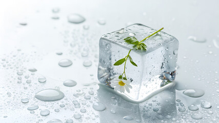 Melting Ice Cube with Chamomile Flower and Water Droplets on Reflective Surface.