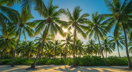 Fototapeta premium Lush Tropical Paradise Sunlit Coconut Palm Grove on a Sandy Beach