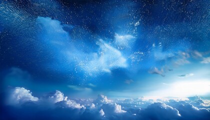 the sky and clouds are a backdrop for an abstract light blue particle painting