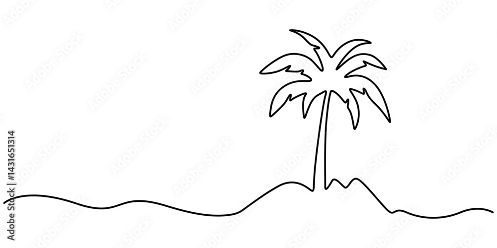Poster palm tree continuous one line art drawing of isolated outline vector illustration, single line drawi