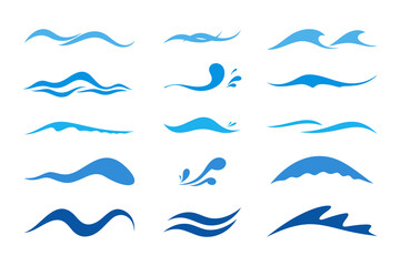 Sea wave, a large set of different icons, logos isolated on a white background, vector illustration, flat design. Abstract bend of water with splashes, wavy line. Cartoon element for design