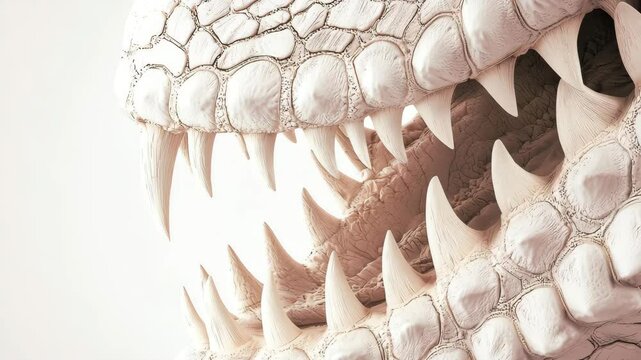 Close-up of a reptile's jaw showcasing detailed white teeth and textured skin.