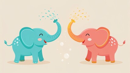 Naklejka premium Happy Cartoon Elephants Playing with Water, Minimalist 2D Style Stock Photo