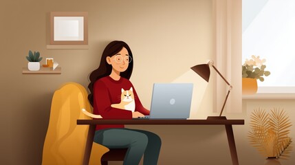 Freelancer working on laptop with cat companion in cozy home office setting