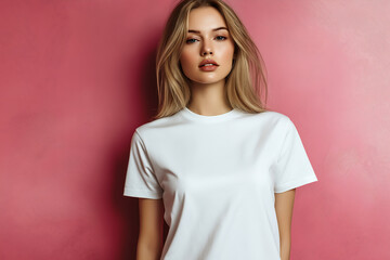 Woman wearing white t shirt mockup against pink background for apparel fashion ecommerce store