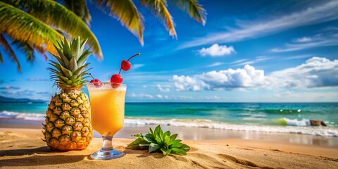 Obraz premium Hawaiian Beach Cocktail: Refreshing Pineapple & Cherry Drink on Sandy Shore with Ocean View