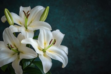 Fototapeta premium Elegant white lilies symbolize loss and remembrance, reflecting the essence of mourning on a dark backdrop for intimate commemorative moments and heartfelt memorial tributes