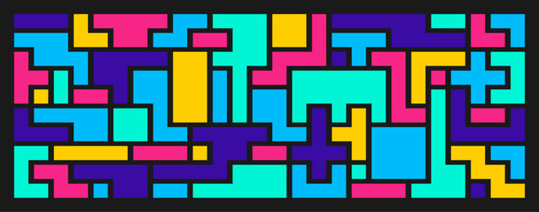 Bright modern abstract banner with different shapes. Geometric forms. Squares, rectangles. Colorful vector illustration. Background, poster, pattern, decorative design element.