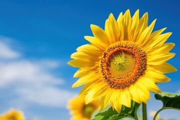 Obraz premium Closeup of lively yellow sunflower petals under a clear blue sky perfect for nature lovers and floral decoration enthusiasts looking to elevate their spaces